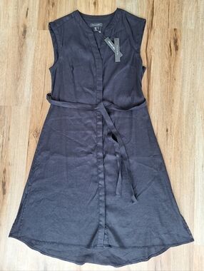 NWT Tahari Womens Sleevless Linen Black Midi Shirtdress Button Front Tie Size 10